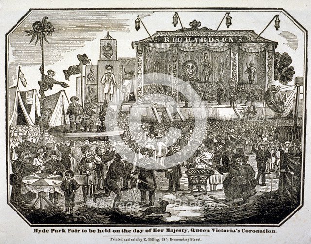 A fair held at Hyde Park during Queen Victoria's coronation in 1838. Artist: Anon