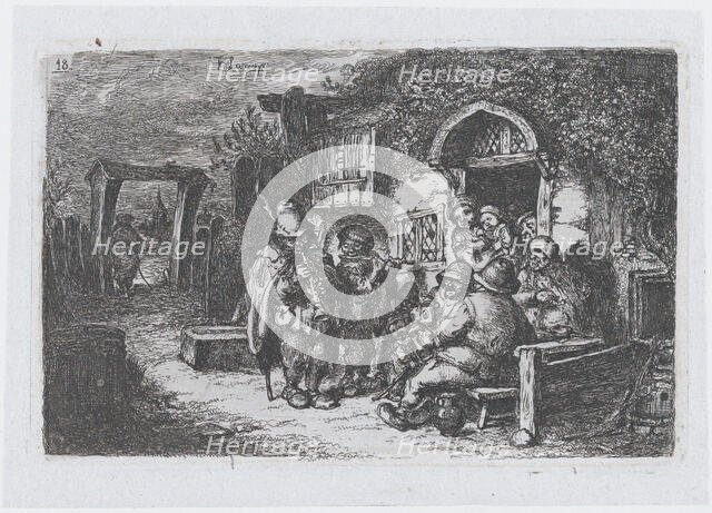 Plate 18: street musicians and other figures outisde a tavern, from the series of customs ..., 1850. Creator: Francisco Lameyer Berenguer.