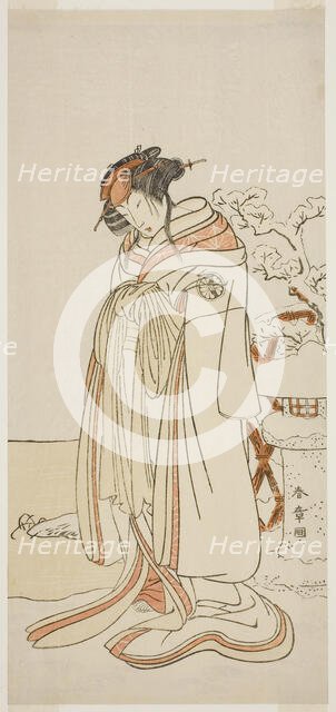 The Actor Segawa Kikunojo III as the Courtesan Kisewata (Tagasode) (?) in the Play Hana..., c. 1775. Creator: Shunsho.