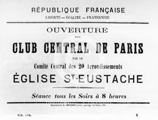 Club Central de Paris, from French Political posters of the Paris Commune,  May 1871. Artist: Unknown