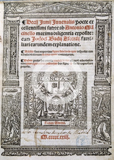 Cover of the play 'Satires' by Decimus Junius Juvenal, edition of 1523.