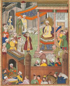 Babur receives booty and Humayun’s salute after the victory over Sultan Ibrahim..., c. 1596-1597 or  Creator: Unknown.