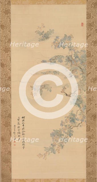 Small Bird on a Crepe Myrtle Branch, 19th century. Creator: Tsubaki Chinzan.
