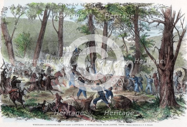 'Wheeler's Confederate cavalry capturing a supply train near Jasper, Tennessee', c1863. Artist: Unknown