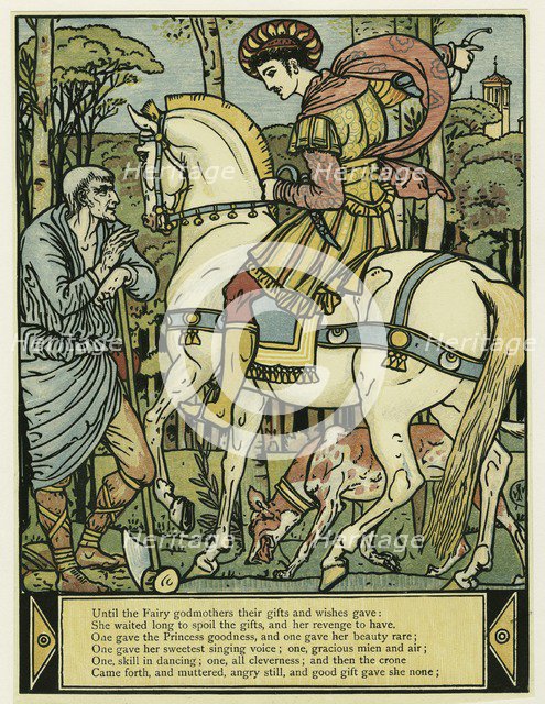 The Prince asks directions, from The Blue Beard Picture Book, pub. 1879 (colour lithograph), 1879. Creator: Walter Crane (1845 - 1915).