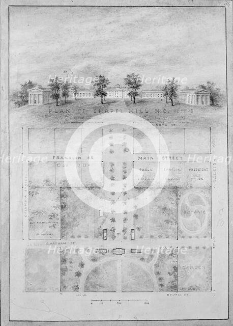 University of North Carolina, Chapel Hill (distant perspective and plan of grounds), 1850-58. Creator: Alexander Jackson Davis.