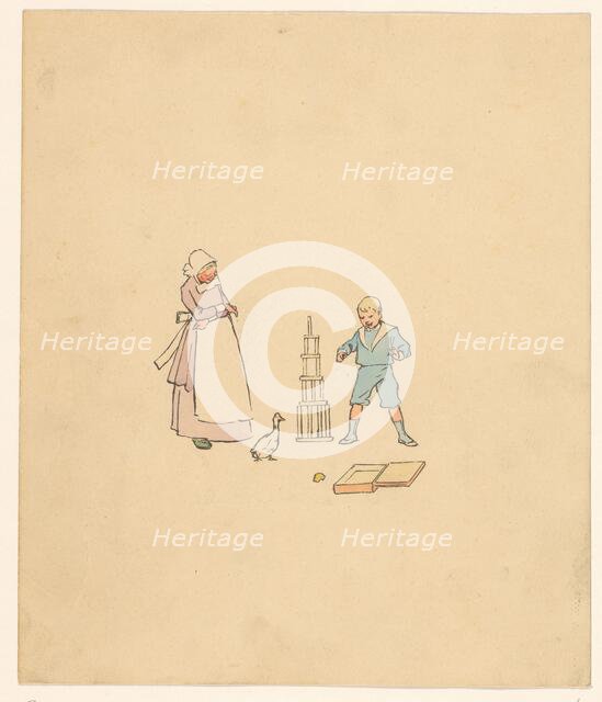 Boy and all over a block tower, c.1880-c.1910. Creator: Anon.