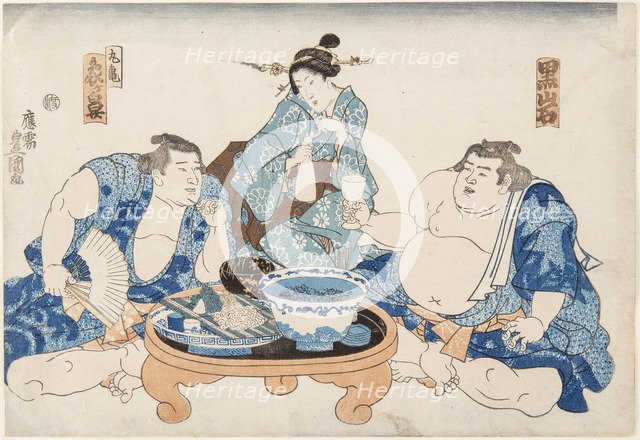 Sumo Wrestlers Kuroiwa and Zogahana with a geisha, ca 1845.