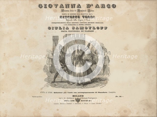 Cover of the first edition of the vocal score of opera Giovanna d'Arco by Giuseppe Verdi, c. 1846.