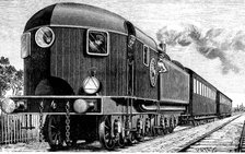 Aerodynamic railway from the early 20th century, circulating by North America, engraving, 1900.