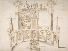 Design for a Garden Fête with a Semi-circular Wall and Statues in Niches., ca. 1635-79. Creator: Francesco Allegrini.