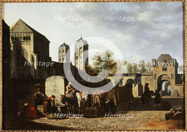 Public fountain and St. Gereon's Church in Cologne, c.1670. Creator: Gerrit Berckheyde.