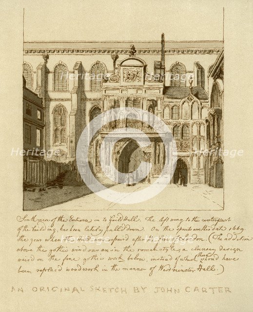 South view of the entrance to Guildhall, City of London, 18th century (1886).Artist: William Griggs
