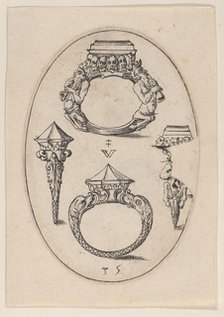 Designs for Four Rings, Plate 35 from 'Livre d'Aneaux d'Orfevrerie', 1561. Creator: Pierre Woeiriot.