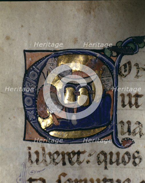 Nativity, illuminated capital letter in the 'Episcopal Sacramentary of Elna' manuscript on parchm…