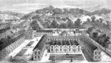 The new Sèvres porcelain manufactory in the park of St. Cloud: bird's eye view of...workshops, 1864. Creator: Unknown.