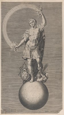 Allegorical figure of a warrior standing on a globe with the papal coat of arms a..., ca. 1588-1629. Creator: Aegidius Sadeler II.