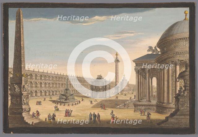 View of an obelisk, a triumphal arch, a column and other structures in Rome, 1756. Creator: Unknown.