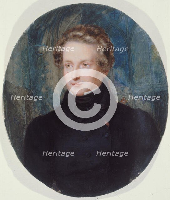 Portrait of Victor Hugo against the background of Notre-Dame de Reims, 1825. Creator: Jean Alaux.
