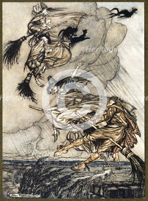 Hey! Up the chimney, lass! Hey, after you!, from The Ingoldsby Legends, pub. 1907. Creator: Arthur Rackham (1867 - 1939).