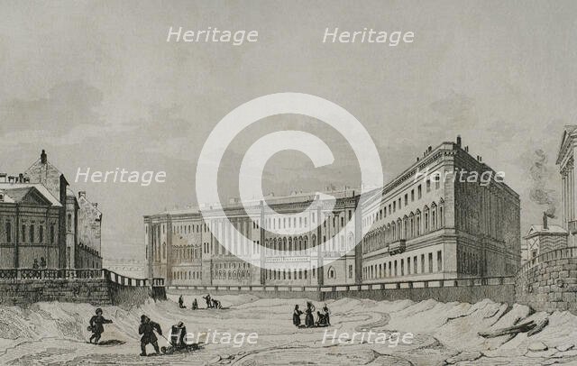 View of the General Staff Building on the bank of the Moyka River Canal, St Petersburg, Russia, 1839 Creator: Traversier.