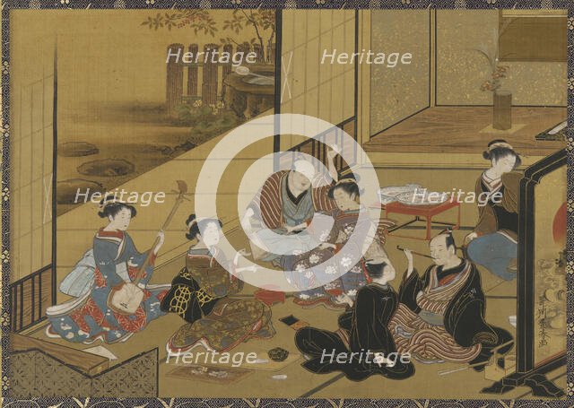 Interior scene of a party with geisha and clients, 1735-1814.