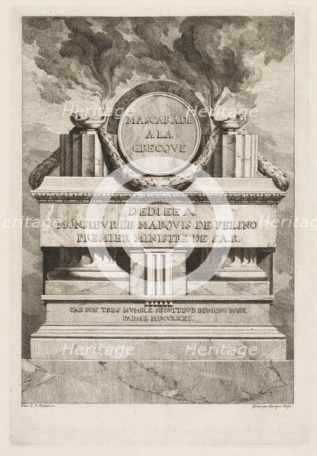 Mascarade à la Grecque: Dedication Page, 1771. Creator: Benigno Bossi (Italian, 1727-1792).