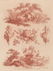 Hunting Trophies and Vignettes with Dogs Chasing a Boar and a Stag, 1773. Creators: Gilles Demarteau, Jean Baptiste Marie Huet.