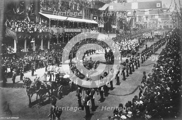 Queen Victoria being driven through central London during her Golden Jubilee celebrations, 1887. Artist: Unknown