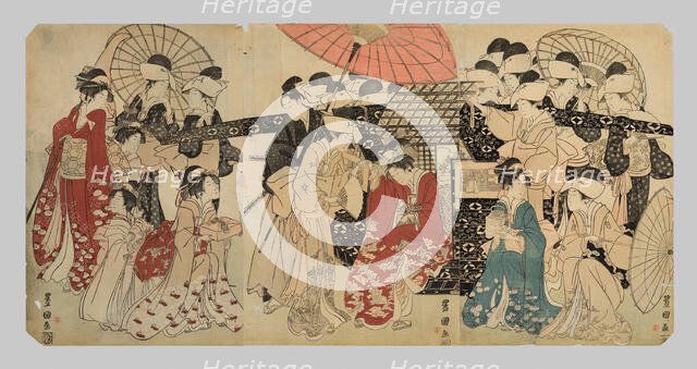 A princess traveling with her attendants descends from a palanquin, c. 1801/04. Creator: Utagawa Toyokuni I.