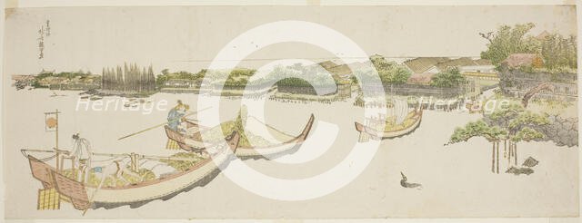 Boats transporting rice on the Sumida River, Japan, c. 1800/05. Creator: Hokusai.