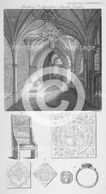 Interior view of the porch of St Sepulchre Church, City of London, 1819. Artist: J Swaine