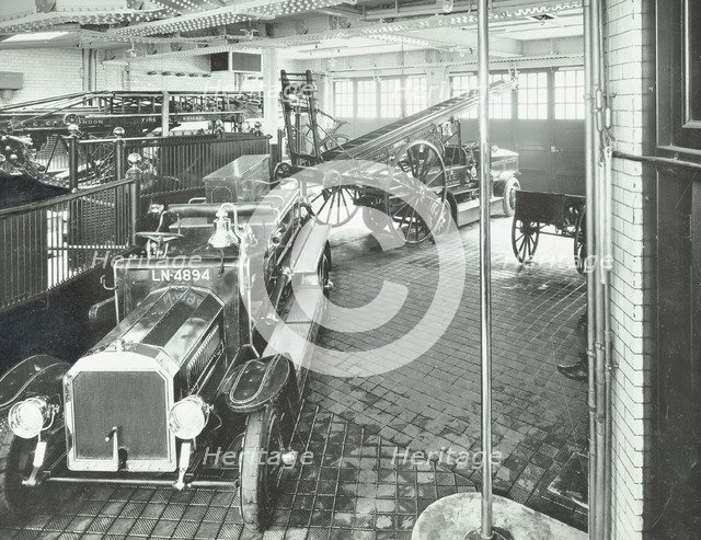 Fire engines and equipment at Cannon Street Fire Station, City of London, 1913. Artist: Unknown.