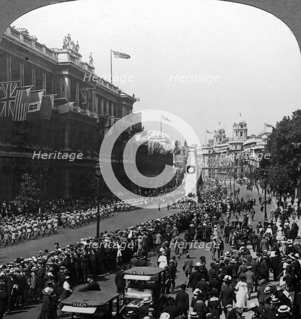 Indian troops saluting the Unknown Warrior at the Cenotaph, Whitehall, London, c1920.Artist: Realistic Travels Publishers