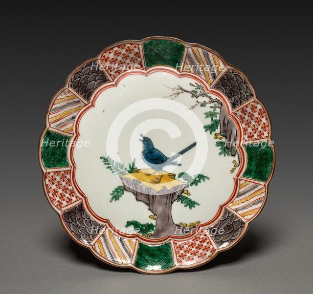One of a Pair of Dishes with Singing Bird on a Rock: In Ko Kutani Style, 18th century. Creator: Unknown.