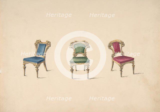 Design for Three Chairs with Blue, Green and Red Upholstery, early 19th century. Creator: Anon.