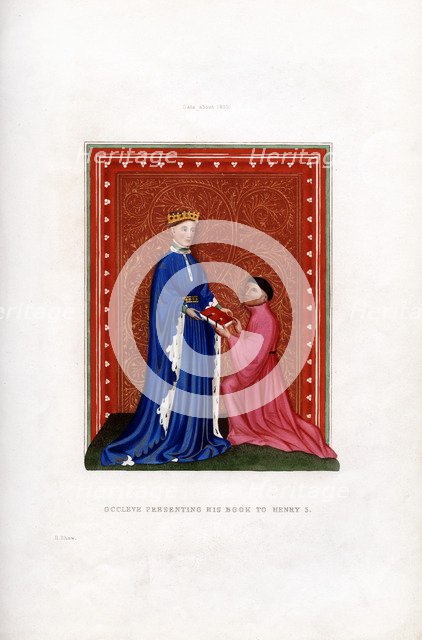 Occleve presenting his book to Henry V, c1410, (1843).Artist: Henry Shaw