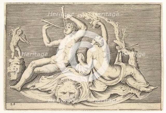 Man Playing Two Flutes and Woman on Lionskin, published ca. 1599-1622. Creator: Unknown.