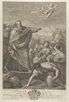 Moses at left with the Israelites who gather manna as it falls from the sky, two angels ab..., 1776. Creators: Benedetto Eredi, Ranieri Allegranti.