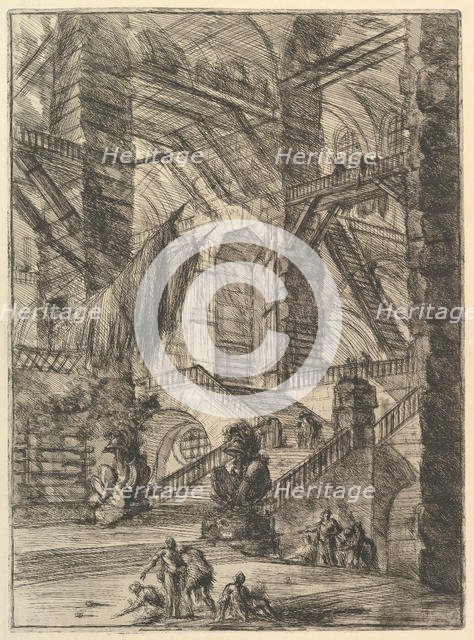 The Staircase with Trophies, from Carceri d'invenzione (Imaginary Prisons), ca. 1749-50. Creator: Giovanni Battista Piranesi.