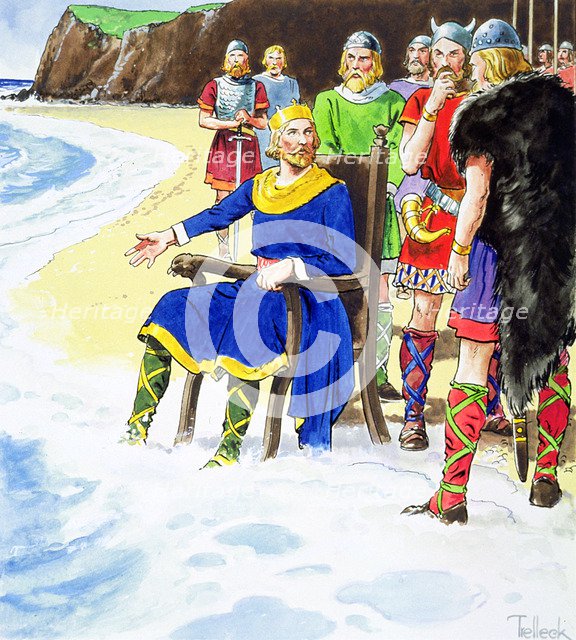 King Canute failing to hold back the waves, early 11th century (c1900). Artist: Trelleek