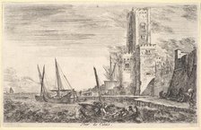 Tower of Calais (Tour de Calais), tower to right, two ships in the sea to left and in cent..., 1647. Creator: Stefano della Bella.