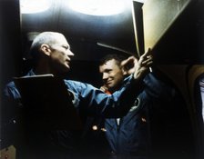 Buzz Aldrin and Neil Armstrong in quarantine, Apollo 11 mission, July 1969. Creator: NASA.