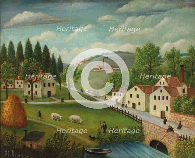 Pastoral landscape with stream, fisherman and strollers, ca 1877-1880. Creator: Rousseau, Henri Julien Félix (1844-1910).