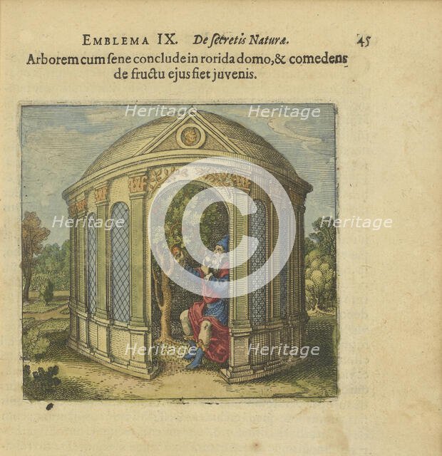 Emblem 9. Lock the tree and the old man in a house full of dew, and whoever eats its fruit..., 1618. Creator: Merian, Matthäus, the Elder (1593-1650).