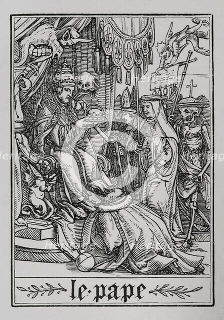 The Pope visited by Death from "The Dance of Death", 1538, (1877).  Creator: Unknown.