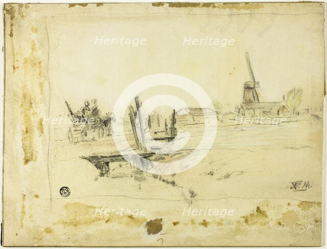 Dutch Landscape: Horse and Wagon Crossing Bridge Towards Windmill, n.d. Creator: Possibly Anton Mauve Dutch, 1838-1888.