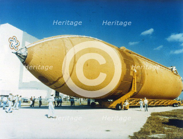 Huge external fuel tank, second Space Shuttle flight, Kennedy Space Center, USA, 1981.  Creator: NASA.