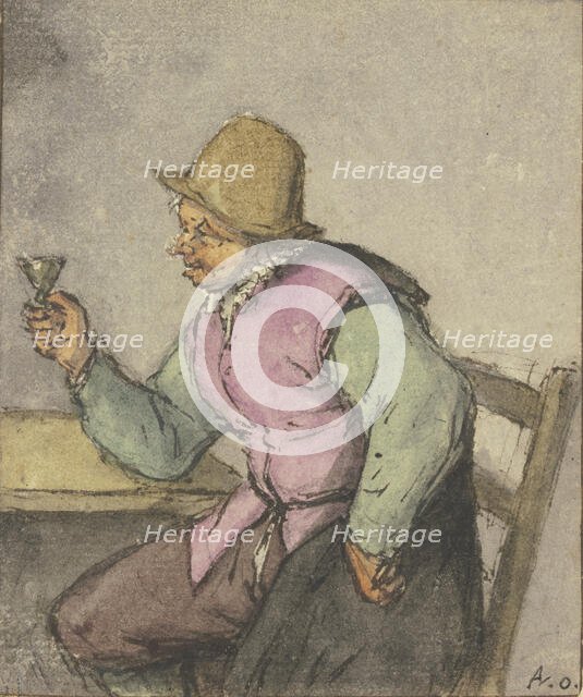 A farmer sitting at a table with a glass, facing left, after 1670. Creator: Adriaen van Ostade.