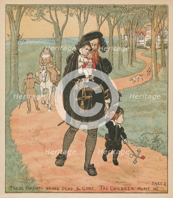 'Their Parents Being Dead & Gone, The Children Home He Takes', c1878. Creator: Randolph Caldecott.